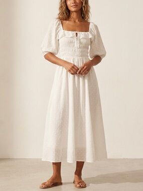 R.Vivimos White Cotton Swiss Dot Half-Sleeve Boho Maxi Dress